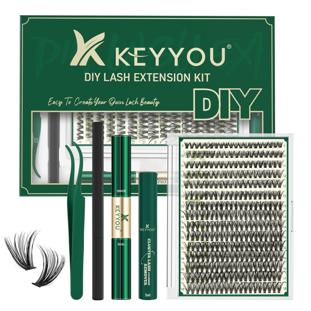 KEYYOU Lash Extension Kit DIY 300Pcs Lash Clusters Eyelash Extension Kit 40D C Curl 9-18MIX Lash Clusters Kit with Lash Glue Remover Applicator Easy to Use for Beginners(Kit,40D-C,9-18MIX)