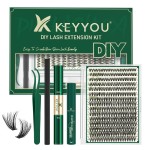 KEYYOU Lash Extension Kit DIY 300Pcs Lash Clusters Eyelash Extension Kit 40D C Curl 9-18MIX Lash Clusters Kit with Lash Glue Remover Applicator Easy to Use for Beginners(Kit,40D-C,9-18MIX)
