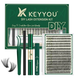 KEYYOU Lash Extension Kit DIY 300Pcs Lash Clusters Eyelash Extension Kit 40D C Curl 9-18MIX Lash Clusters Kit with Lash Glue Remover Applicator Easy to Use for Beginners(Kit,40D-C,9-18MIX)