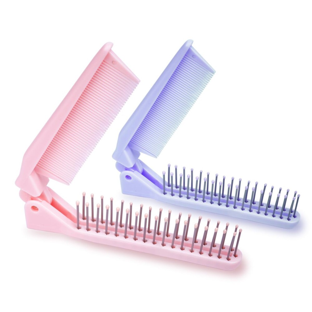 RHOS 2-Pieces Mini Folding Combs for Purse and Travel, Double Headed Small Combs and Brush Set for Women,Girls (Pink & Purple)