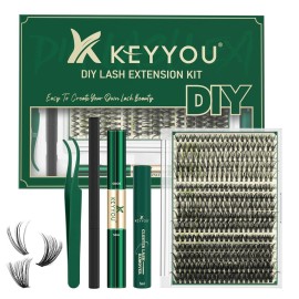 KEYYOU Lash Extension Kit DIY 300Pcs Lash Clusters Eyelash Extension Kit Lash Clusters Kit with Lash Glue Remover Applicator Easy to Use for Beginners(Kit,30D40D50D-C,8-16MIX)