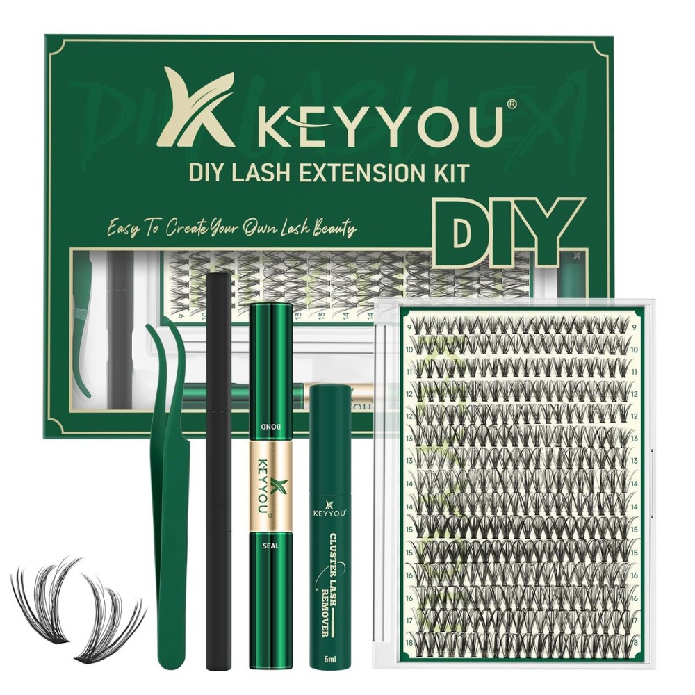 KEYYOU Lash Extension Kit DIY 300Pcs Lash Clusters Eyelash Extension Kit 30D D Curl 9-18MIX Lash Clusters Kit with Lash Glue Remover Applicator Easy to Use for Beginners(Kit,30D-D,9-18MIX)