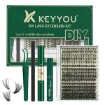 KEYYOU Lash Extension Kit DIY 300Pcs Lash Clusters Eyelash Extension Kit Lash Clusters Kit with Lash Glue Remover Applicator Easy to Use for Beginners(Kit,30D40D50D-D,8-16MIX)
