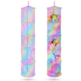 Basumee Stuffed Animals Net or Hammock 2 Pcs Stuffed Animals Storage Toy Net Hammock for Plushies Storage Organizer Mesh Kids Girls Room Decor, Rainbow, 5 Tiers