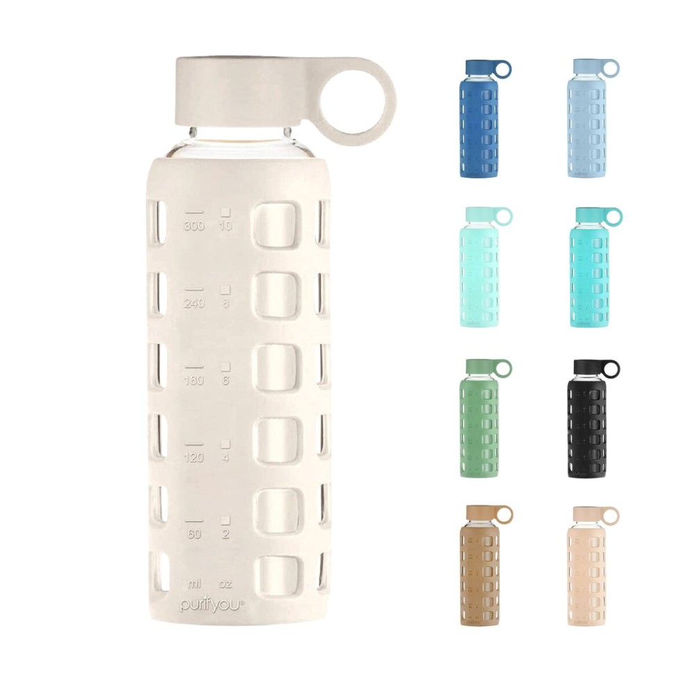 purifyou 40oz / 32oz / 22oz / 12oz Borosilicate Glass Water Bottle with Time & Volume Markers, Silicone Sleeve, Stainless Steel Lid | Reusable Glass Bottle for Water & Juice (12oz Pearled Ivory)