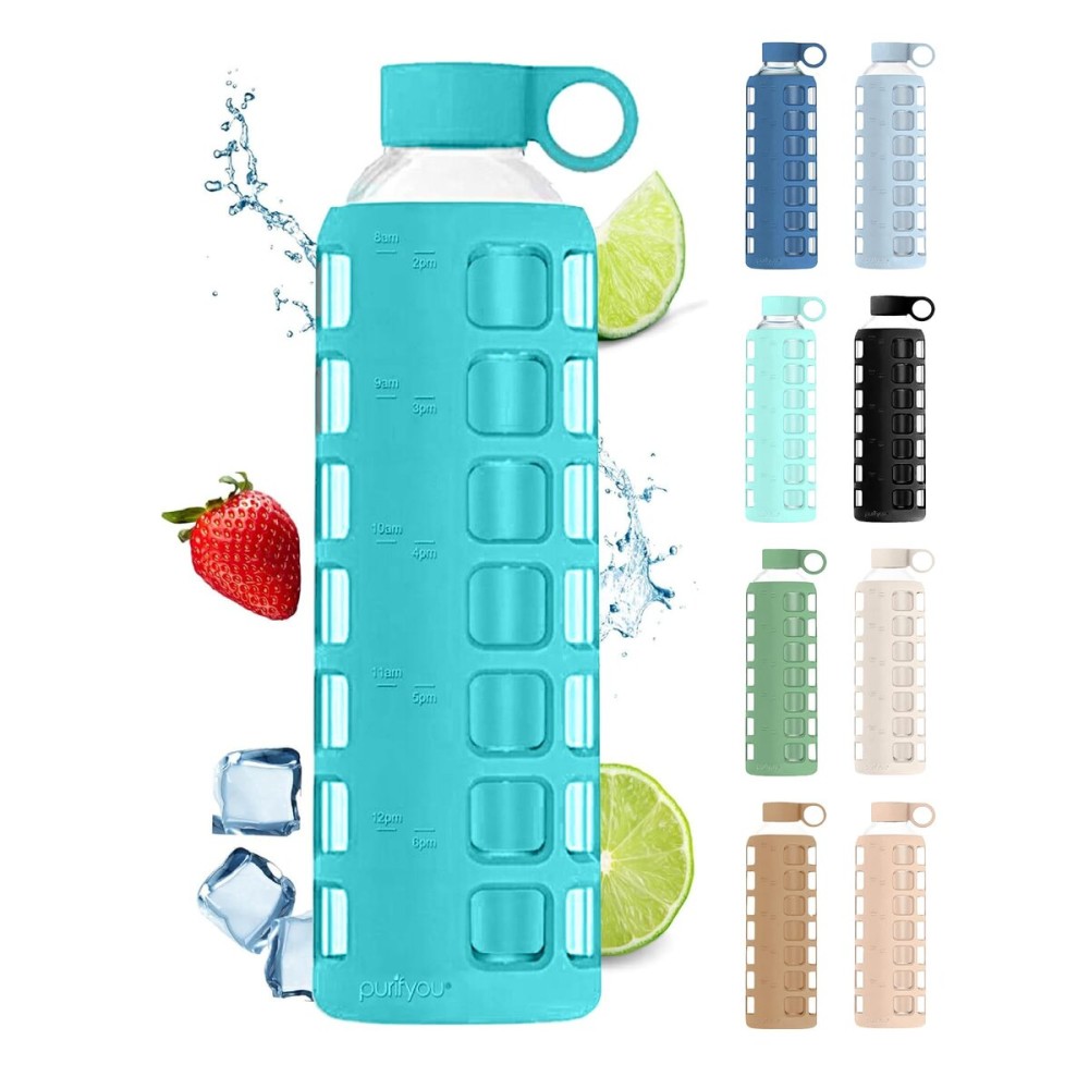 purifyou 40oz / 32oz / 22oz / 12oz Borosilicate Glass Water Bottle with Time & Volume Markers, Silicone Sleeve, Stainless Steel Lid | Reusable Glass Bottle for Water & Juice (32oz Aqua Blue)