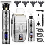 Saoilli Professional Hair Trimmer Hair Clippers for Men, Nose Hair Trimmer Shaver Set,Cordless T-Blade Beard Trimmer Barber Clippers,Electric Razor Foil Shavers for Men Haircut Grooming Kit(Silver)