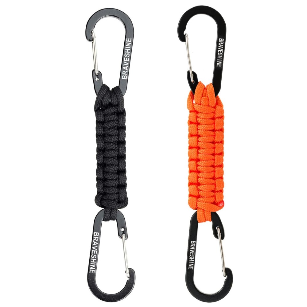 BRAVESHINE 1 Black 1 Orange Paracord Keychain Hooks Carabiner Clips, Lanyard Hanger D Ring Heavy-weight Stroller Hooks Holder for Water Bottle, Key, Backpacks, Tools, Men, Women