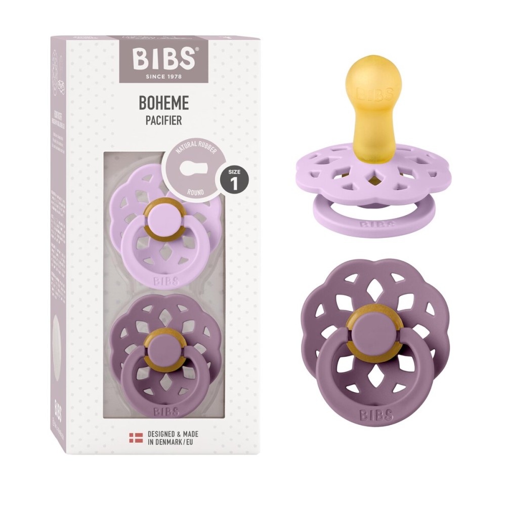 BIBS Pacifiers 0-6 Months | Boheme Collection 2-Pack | BPA-Free Round Nipple | Nautral Rubber Latex | Made in Denmark | Violet Sky/Mauve
