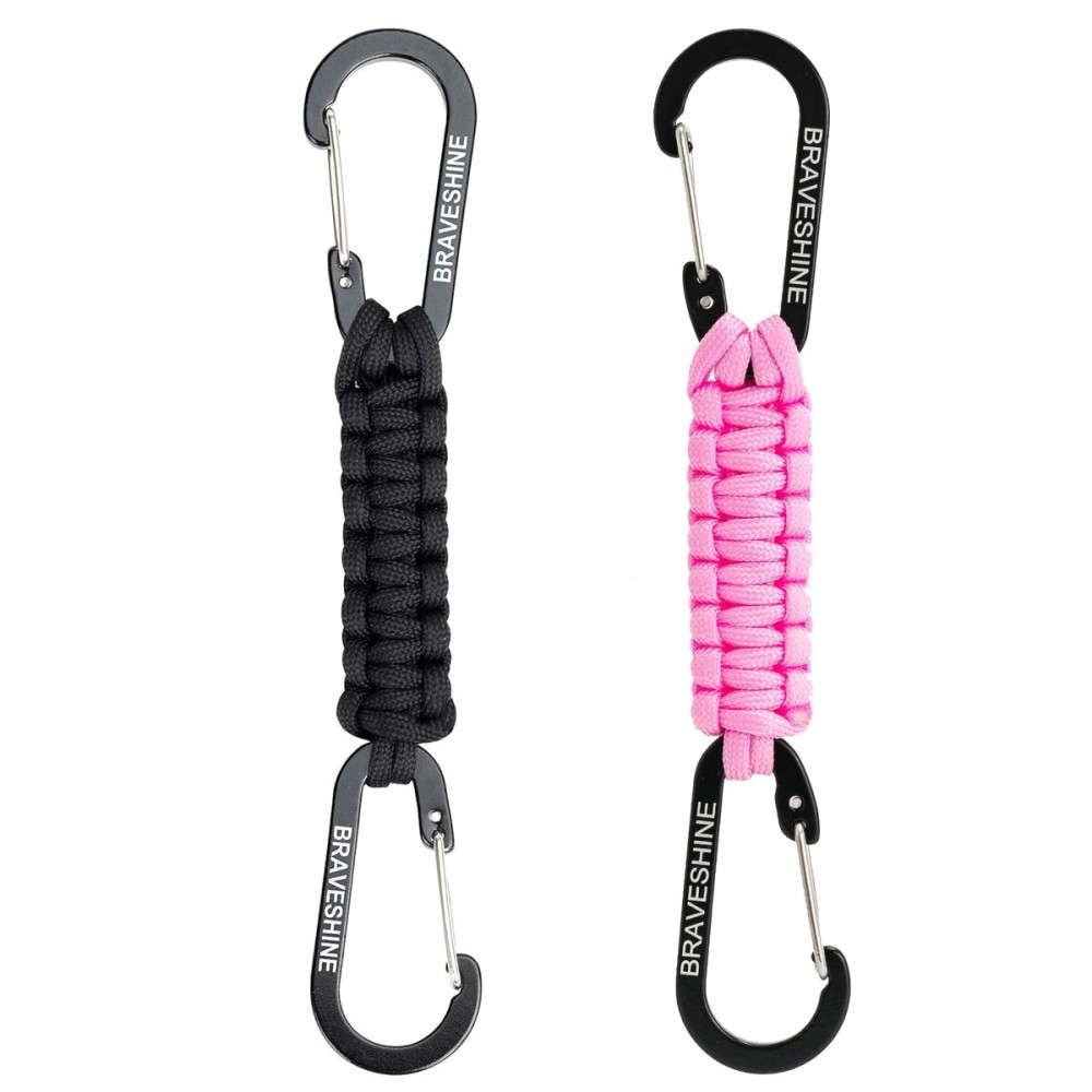 BRAVESHINE 1 Black & Pink Paracord Keychain Carabiner Clips, Lanyard Hanger with D Ring Hooks, Heavy-Duty Stroller Hooks Holder for Water Bottle, Keys, Backpacks, Tools, Boys, Girls, Men, Women