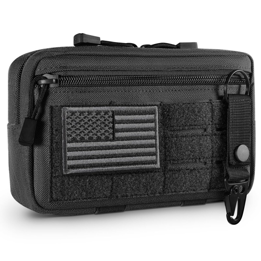 FRTKK Tactical Molle Admin Pouch Utility Laser Cut EDC Tool Pouch Bag Horizontal Modular Pouches Include US Flag Patch and Keychain (Black)