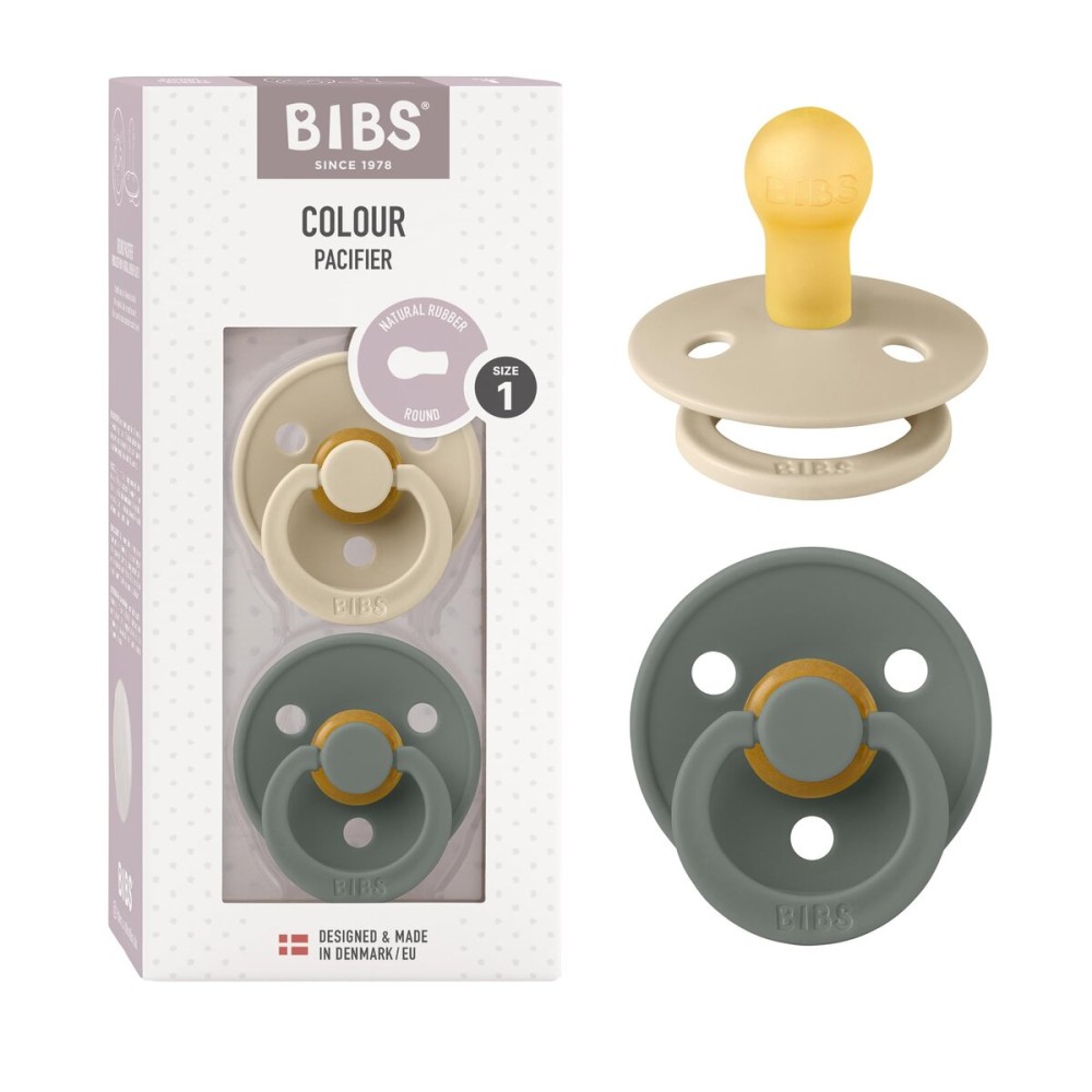 BIBS Pacifiers Colour Collection | Natural Rubber Baby Pacifier | Round Nipple | Set of 2 BPA-Free Soothers | Made in Denmark | 6+ Months (Pack of 2) | Vanilla/Pine