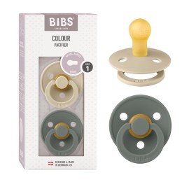 BIBS Pacifiers Colour Collection | Natural Rubber Baby Pacifier | Round Nipple | Set of 2 BPA-Free Soothers | Made in Denmark | 6+ Months (Pack of 2) | Vanilla/Pine