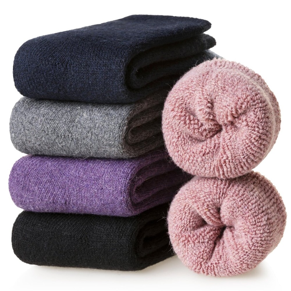 Velice Wool Socks for Women Merino Wool Boot Hiking Thick Thermal Warm Socks Winter Crew Cushion Cozy Work Socks 5 Pairs(Black/Grey/Pink/Blue/Purple)