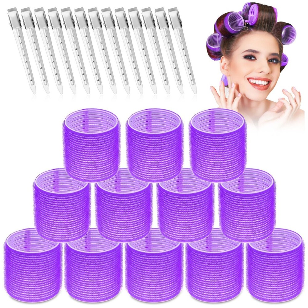 Jumbo Hair Curlers Set - 24 Pieces with 12 Large Rollers and 12 Clips for Adding Volume to Long, Thick Hair (Purple)