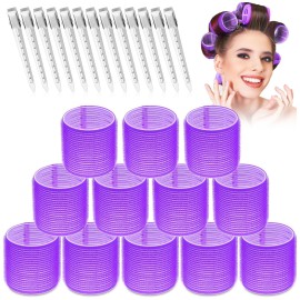 Jumbo Hair Curlers Set - 24 Pieces with 12 Large Rollers and 12 Clips for Adding Volume to Long, Thick Hair (Purple)