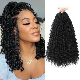Yewell 14 Inch Goddess Box Braids Crochet Hair Curly Ends 9 Packs Pre Looped Boho Crochet Box Braids Bohemian Box Braid Crochet Hair For Black Women (14Inch 9 Packs,1B)
