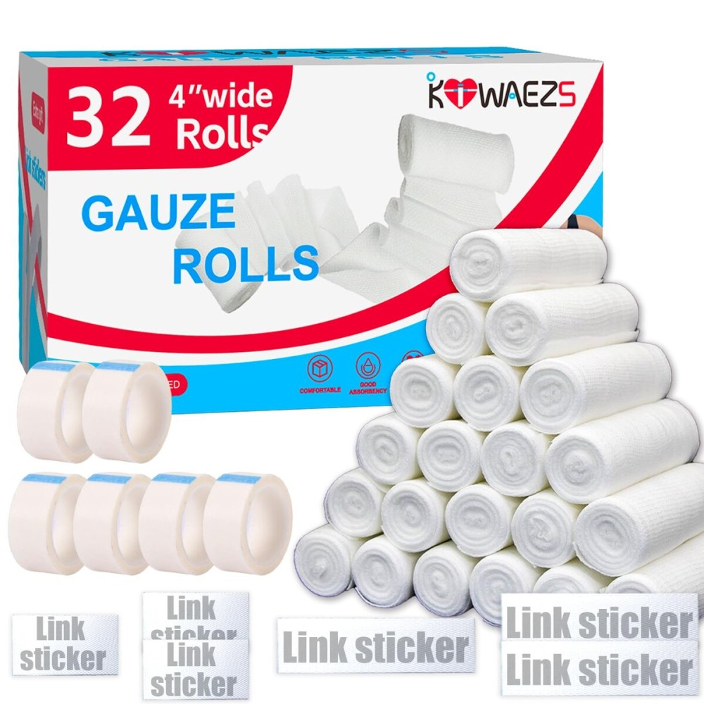 KIWAEZS 32 Pack Gauze Rolls Bandages 4  x 4.1 yd Premium Quality Lint and Latex-Free Conforming Stretch Designed for Effective Wound Care for Wound Dressing Support (Individually Packed)