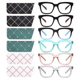CHOFILORD 6 Pack Fashion Reading Glasses for Women Men Blue Light Blocking Oversized Square Readers with Spring Hinge (6 Pack Colorful B, 3.5)