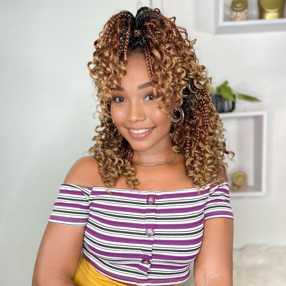 Yewell 14 Inch Goddess Box Braids Crochet Hair Curly Ends 9 Packs Pre Looped Boho Crochet Box Braids Bohemian Box Braid Crochet Hair For Black Women (14Inch 9Packs,1B/30/27)