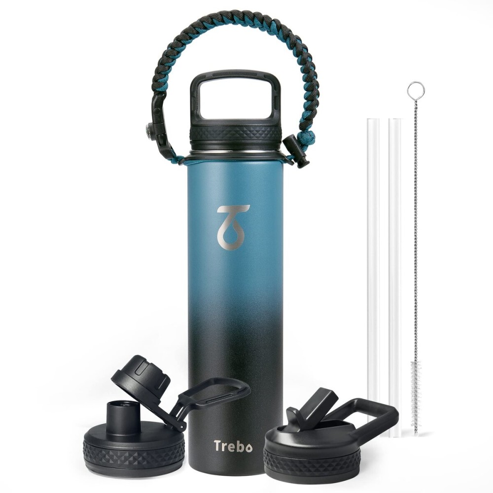 Trebo 24 oz Water Bottle Insulated with Lid and Straw,Double Wall Vacuum Stainless Steel Metal Tumbler Sports Flask with Paracord Handle, Keep Cold 48 Hours Water Cup with 3 Lids, Indigo/Black
