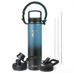 Trebo 24 oz Water Bottle Insulated with Lid and Straw,Double Wall Vacuum Stainless Steel Metal Tumbler Sports Flask with Paracord Handle, Keep Cold 48 Hours Water Cup with 3 Lids, Indigo/Black
