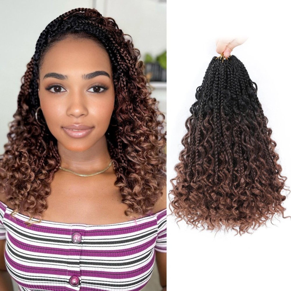 Yewell Goddess Box Braids Crochet Hair 10 Inch Boho Crochet Box Braid With Curly Ends, 9 Packs Bohomian Box Braids Crochet Hair For Black Women Pre Looped Box Braids Crochet Hair (10Inch,1B/4/30)