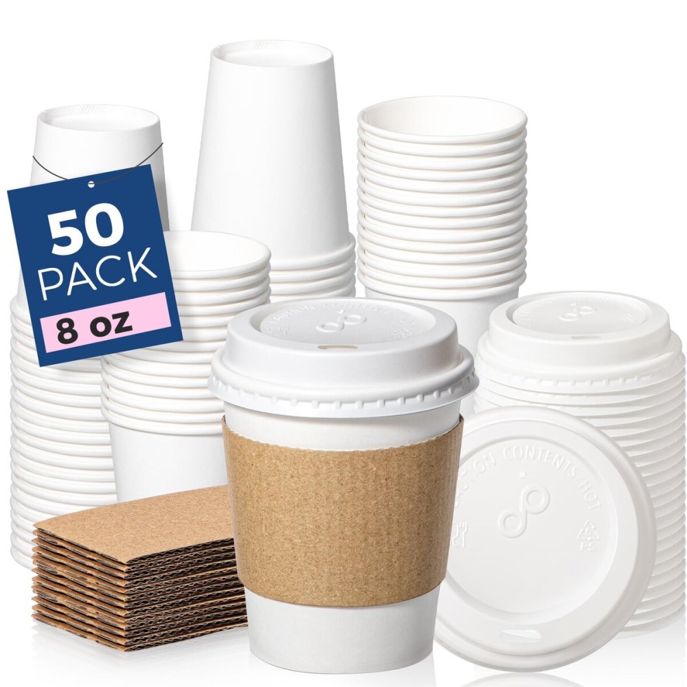 Fit Meal Prep 50 Pack 12 oz Christmas Disposable Coffee Cups with Lids, Sleeves, Leak-Proof To Go Coffee Cups with Lids, Durable Holiday Hot Paper Cups for Home, Office, Party, Business