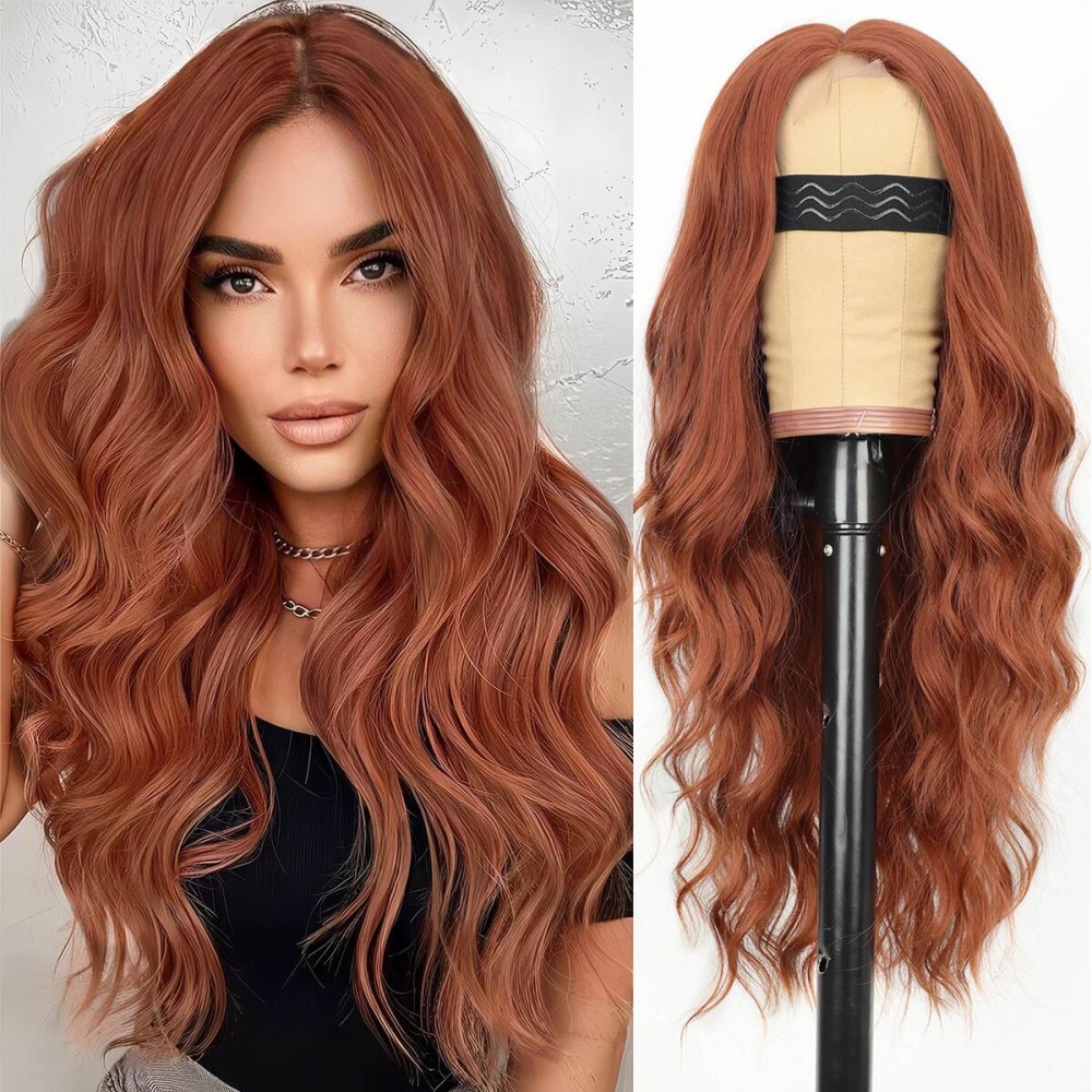 AISI HAIR Auburn Wigs for Women, Long Wavy Lace Hairline Middle Part Synthetic Heat Resistant Wig for Daily Party-26 Inch