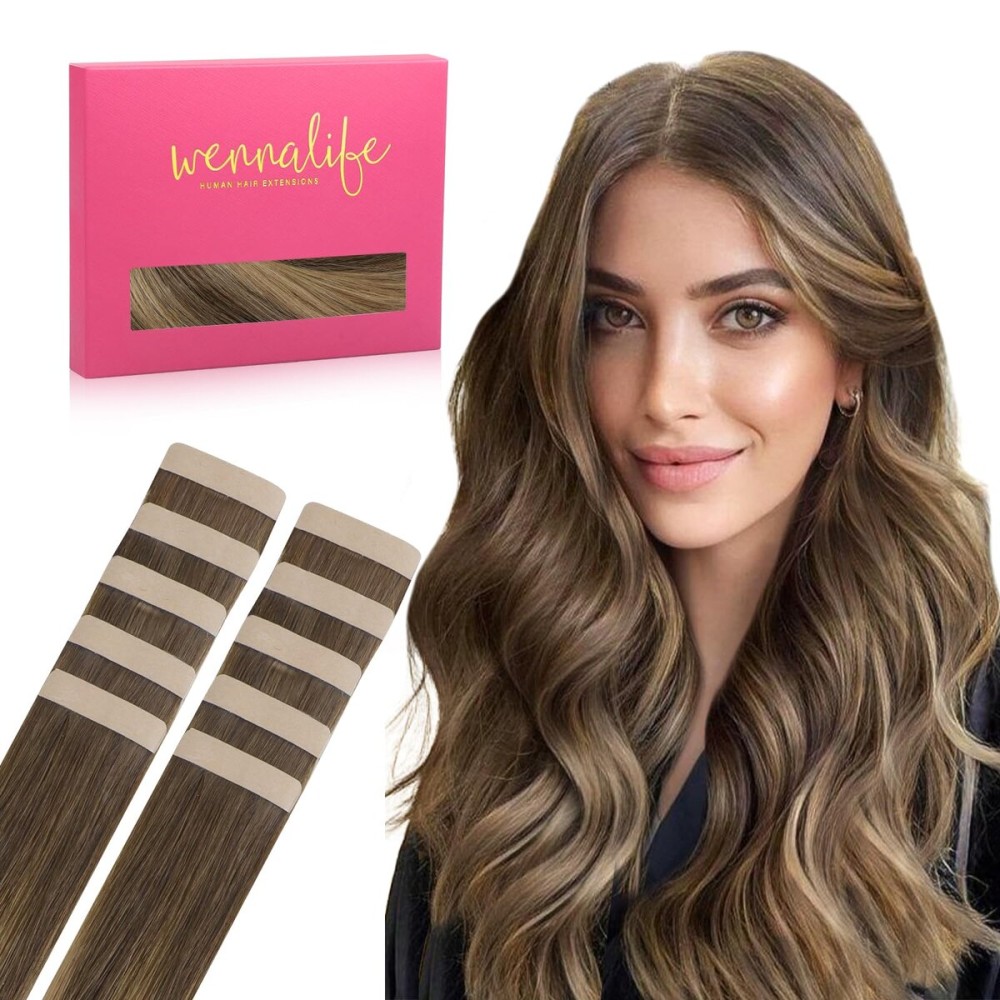 WENNALIFE Tape in Hair Extensions, Human Hair Balayage Chocolate Brown to Caramel Blonde, 10pcs 30g 22 inch Remy Invisible Tape Ins Straight Soft Real Human Hair Extensions