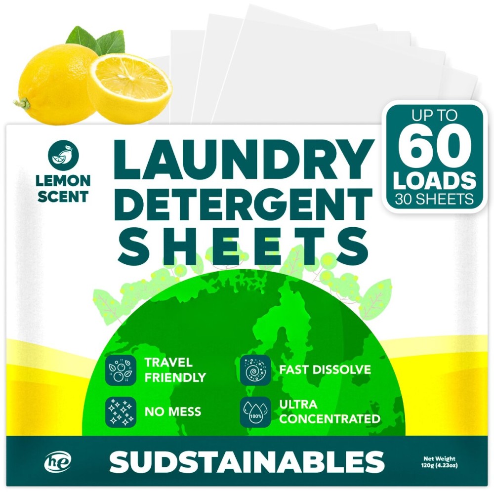Sudstainables Laundry Detergent Sheets 60 Loads - Dissolvable Laundry Sheet for Washing Machines, Compact Alternative to Liquid & Powder Detergent, Travel-Friendly Soap | Lemon