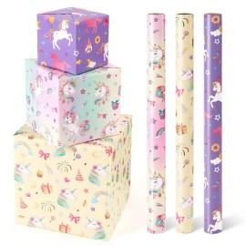WERNNSAI Unicorn Wrapping Paper Rolls - 3 Rolls 17 x 120 Unicorn Birthday Wrapping Paper Rolls Pink Unicorn Rainbow Gift Wrap Paper Girls Purple Wrapping Paper Rolls Kids Bday Gift Wrap with Cutting Line