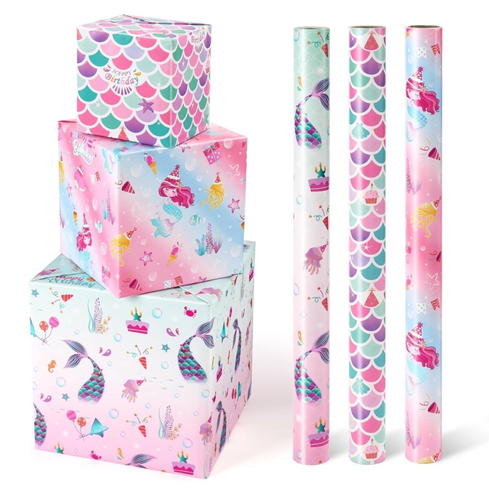 WERNNSAI Mermaid Wrapping Paper - 3 Rolls 17 x 120 Girls Birthday Wrapping Paper Rolls Mermaid Gift Wrap Paper Kids Pink Baby Shower Ocean Theme Party Gift Packing Supply with Cutting Lines