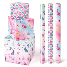 WERNNSAI Mermaid Wrapping Paper - 3 Rolls 17 x 120 Girls Birthday Wrapping Paper Rolls Mermaid Gift Wrap Paper Kids Pink Baby Shower Ocean Theme Party Gift Packing Supply with Cutting Lines