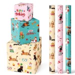 WERNNSAI Cat Wrapping Paper Rolls - 3 Rolls 17 x 120 Happy Birthday Wrapping Paper Rolls Cat Birthday Gift Wrap Paper Rolls Kitten Wrapping Paper Bday Wrap Paper with Cutting Lines