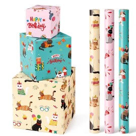 WERNNSAI Cat Wrapping Paper Rolls - 3 Rolls 17 x 120 Happy Birthday Wrapping Paper Rolls Cat Birthday Gift Wrap Paper Rolls Kitten Wrapping Paper Bday Wrap Paper with Cutting Lines