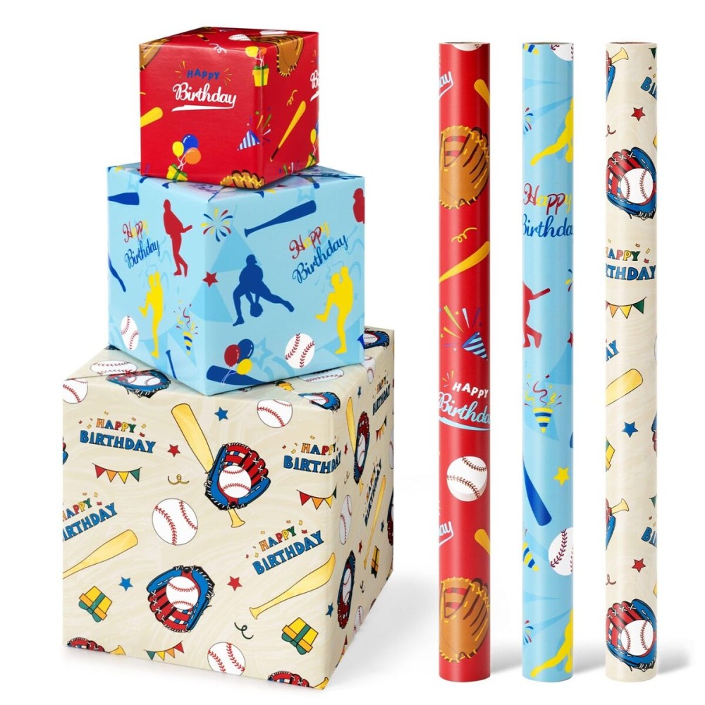 WERNNSAI Baseball Gift Wrapping Paper - 3 Rolls 17 in x 10 ft Boy Birthday Wrapping Paper Sports Wrapping Paper Roll for Kids Birthday Milky Blue Red Gift Wrapping Papers with Cut Lines