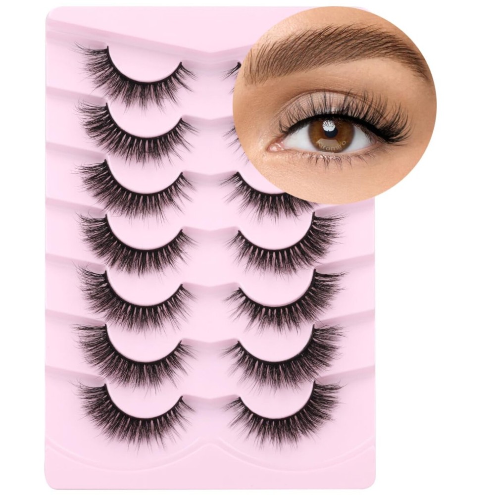 Lashes Natural Look Faux Mink Lashes Wispy Eyelashes Short Natural False Lashes Cat Eye 6D Volume Strip Lashes Pack 7 Pairs