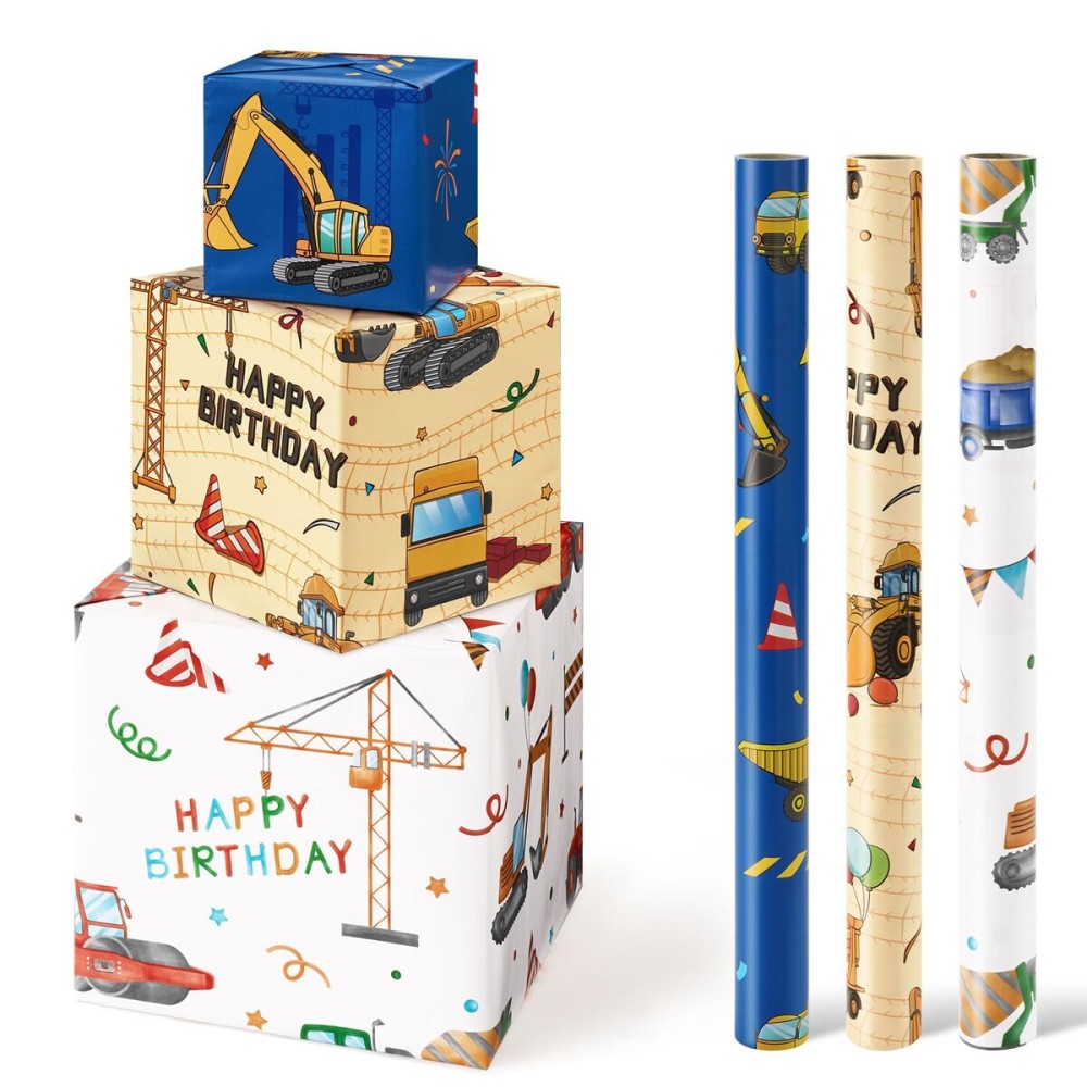 WERNNSAI Construction Wrapping Paper Rolls - 3 Short Rolls Birthday Wrapping Paper Rolls Kids Boys Wrapping Paper Rolls Trucks Wrapping Paper Blue Yellow White Gift Wrapping Paper with Cut Lines 17 in x 10 ft