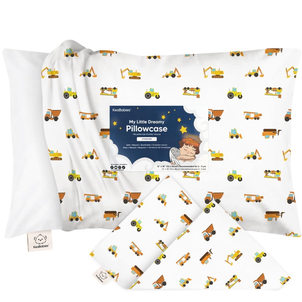 KeaBabies Toddler Pillowcase 13x18 - Organic Cotton Toddler Pillowcase for Kids, Boys, Girls,Soft & Durable Cotton Cover for Miniature Sleepy Pillows,Cute Colors,Pillow Sold Separately(Construction)