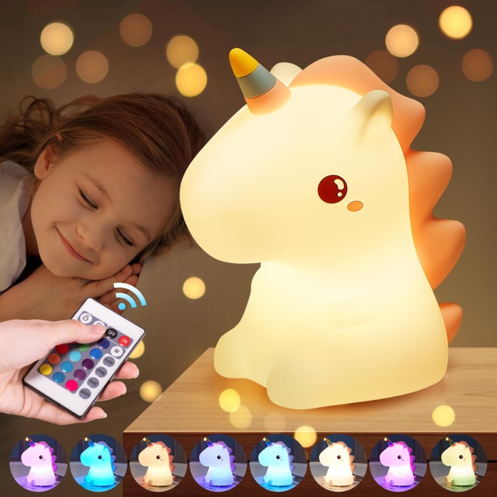 One Fire Unicorn Night Light for Kids,Cute Gifts&Remote 16 Colors Cute Night Light,5 Lightness & Last 10H Nightlight for Kids Room,Soft Lamp