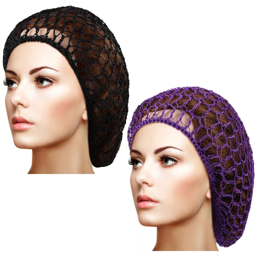 Waydress 2 Pieces Mesh Hair Net Rayon Knit Snood Women Crocheted Sleep Cap (Black, Purple)