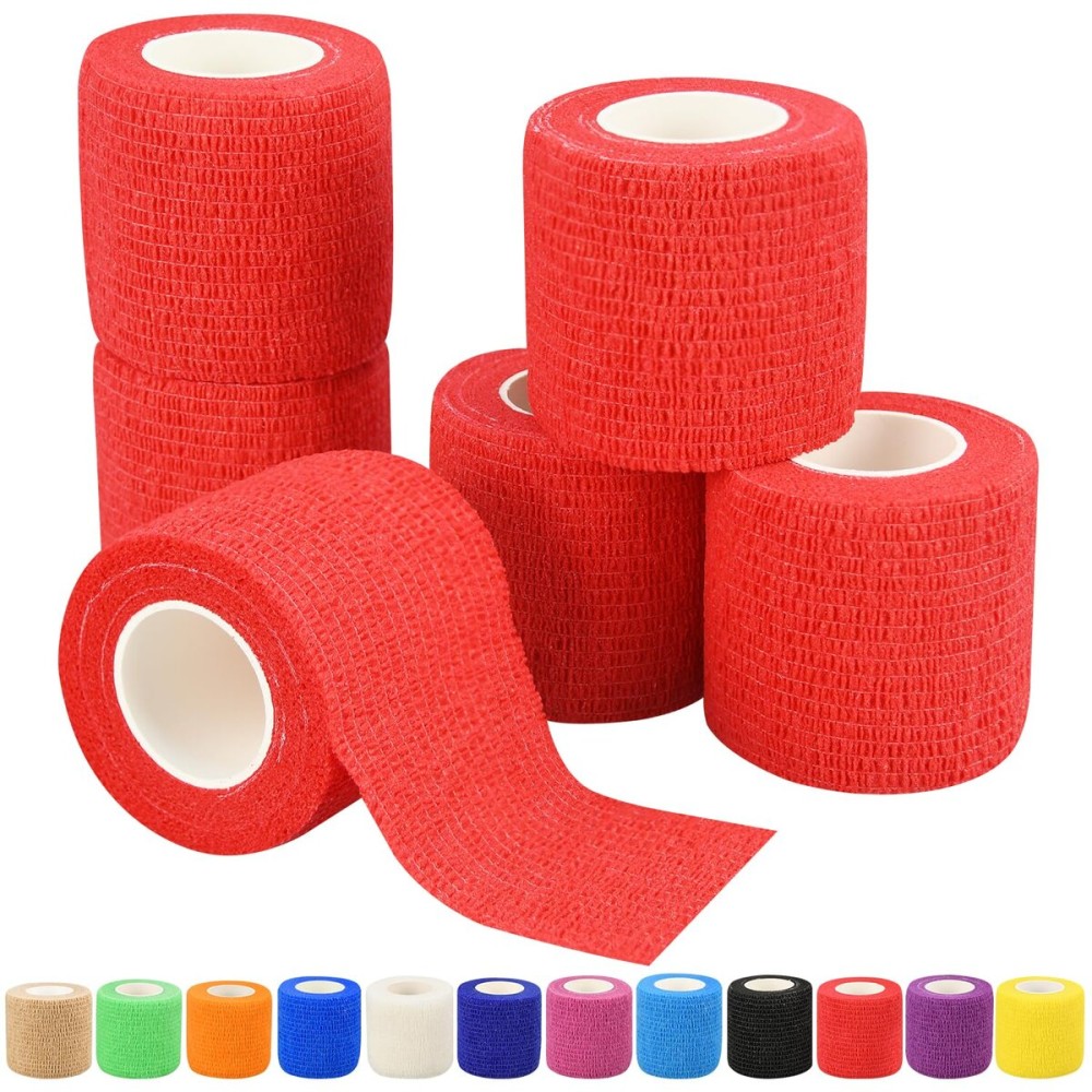 2 Self Adhesive Bandage Wraps, 6pcs Vet Wraps, Red, 5 Yard Self Adherent Wraps for Sports, Wrist, Ankle and Swelling