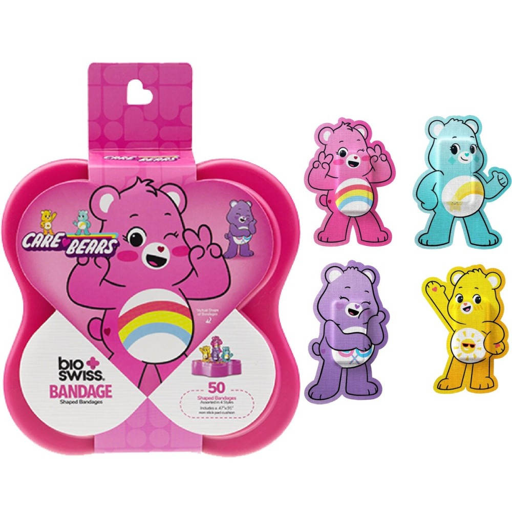 BioSwiss Care Bears Bandages, Unlock The Magic Care Bear Shaped Self Adhesive Bandage Set, Latex Free, Sterile Wound Care, 50 Count