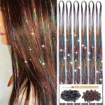 Rainbow Hair Tinsel Kit with Tool 6pcs 1200 Strands Glitter Tinsel Hair Extensions Heat Resistant Sparkling Shiny Fairy Hair Accessories for Women Girls Kids 47Inch