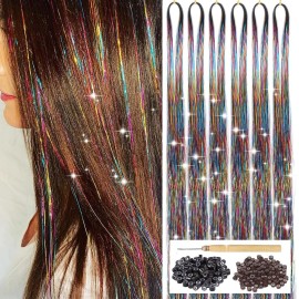 Rainbow Hair Tinsel Kit with Tool 6pcs 1200 Strands Glitter Tinsel Hair Extensions Heat Resistant Sparkling Shiny Fairy Hair Accessories for Women Girls Kids 47Inch