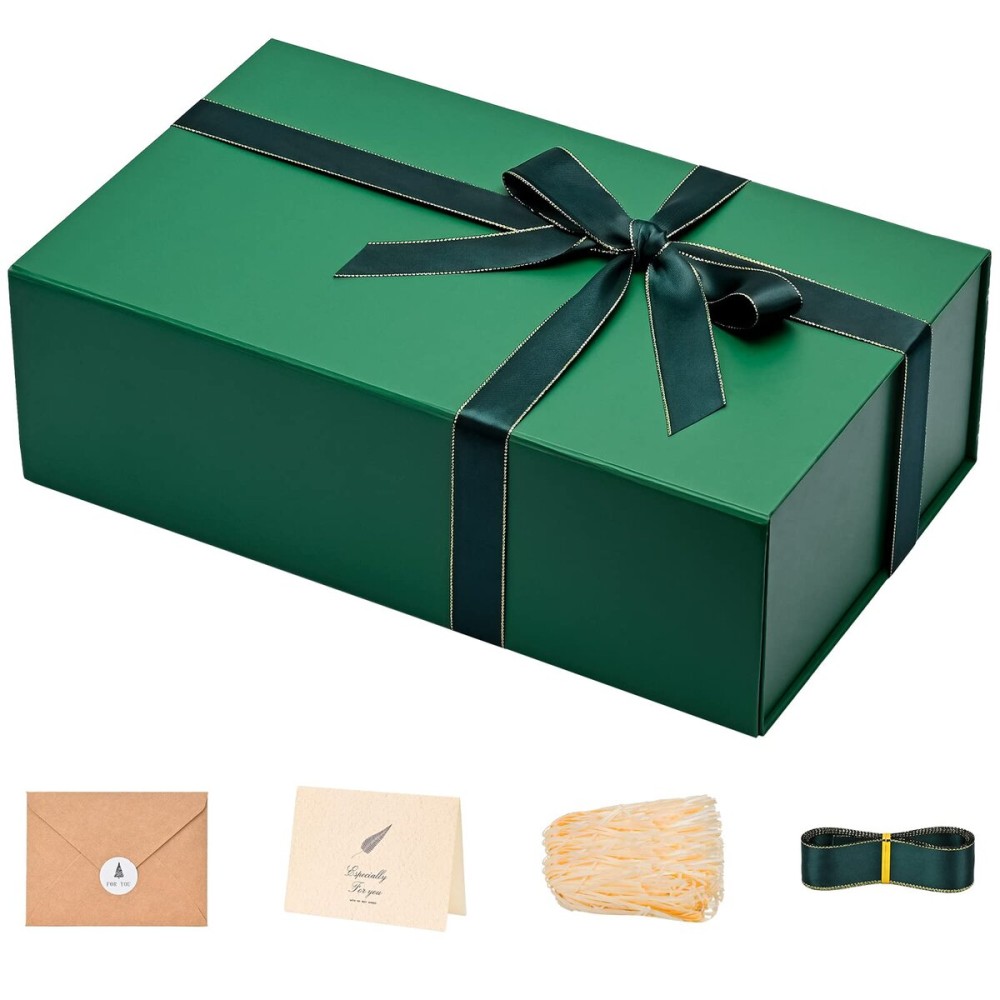 LIFELUM Christmas Gift Box for Presents 1 Pack 13.85 x 8.35 x 4.45 inch Big Decorative Green Gift Box for Clothes with Magnetic Lids Luxury Accessories Card, Ribbon, Filler,Sticker