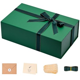 LIFELUM Christmas Gift Box for Presents 1 Pack 13.85 x 8.35 x 4.45 inch Big Decorative Green Gift Box for Clothes with Magnetic Lids Luxury Accessories Card, Ribbon, Filler,Sticker