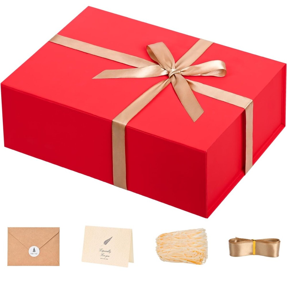 LIFELUM Red Christmas Gift Box 13.85 x 8.35 x 4.45 inch Large Gift Boxes with Magnetic Closure Luxury for Gifts Box Contains Card, Ribbon, Shredded Paper Filler Wedding, Halloween, Birthday