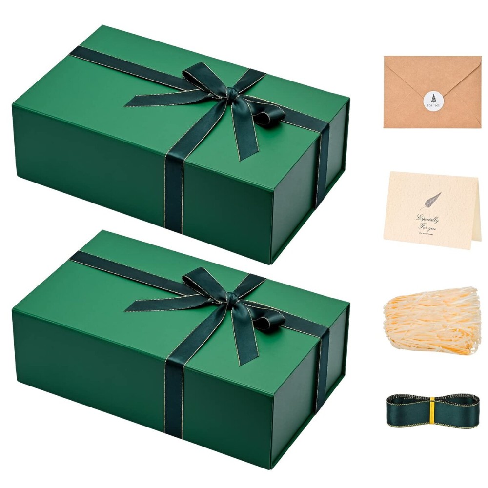 LIFELUM Gift Boxes with Lids 2 Pack 13.85 x 8.35 x 4.45 inch Green Christmas Gift Boxes with Strong Magnetic Lid for Presents with Luxury Accessories Card, Ribbon, Filler,Sticker
